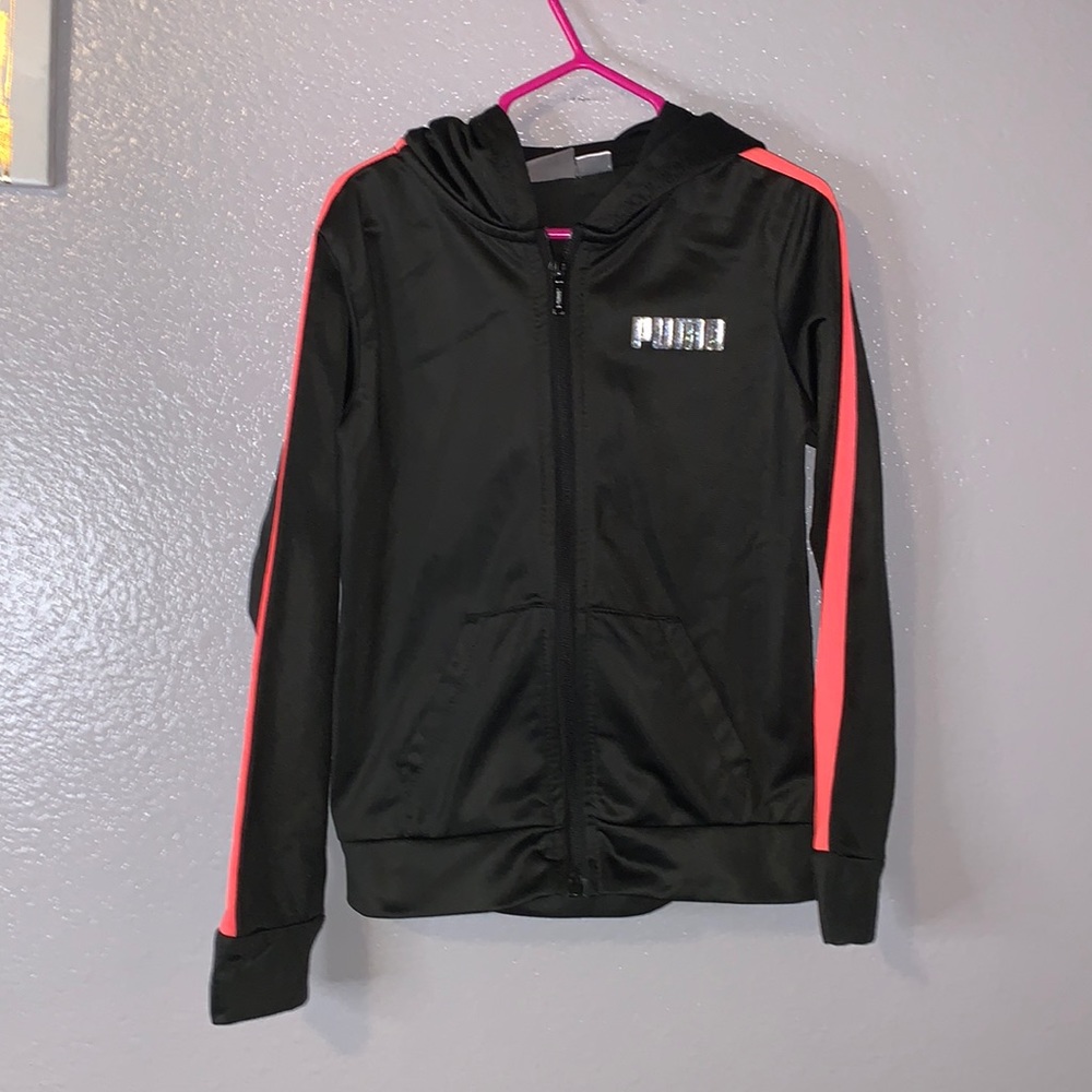 Puma black silver logo full zip up hooded athletic sweatshirt